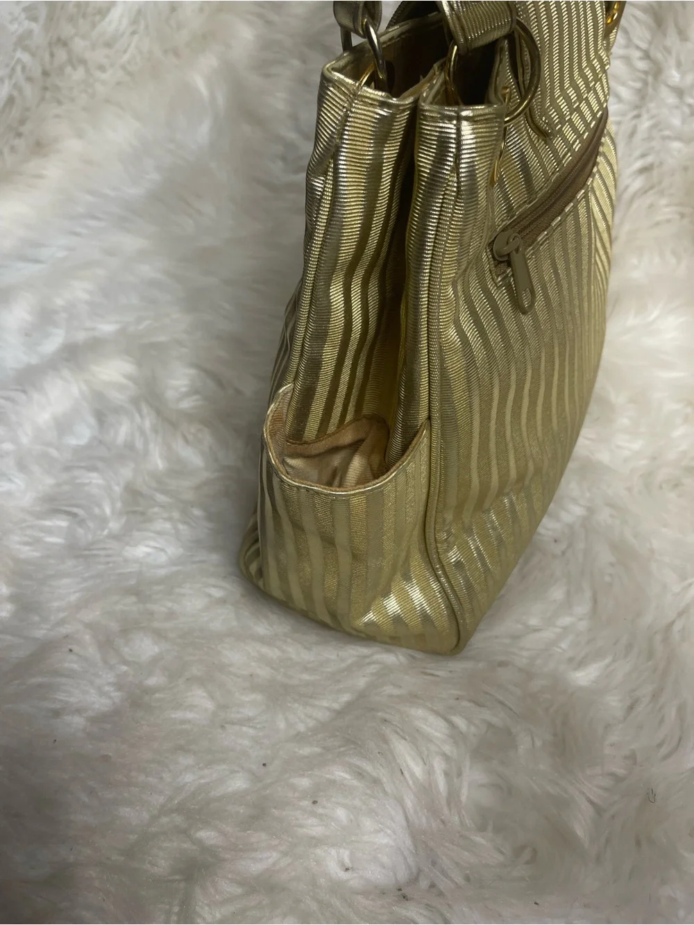 Gold Striped coated fabric Satchel Gold tone Elephant-Embellished